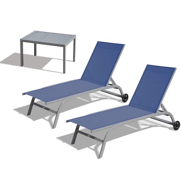 Sudzendf Aluminum Outdoor Patio Chaise Lounge with Adjustable Backrest and Wheels in Blue (2 Chairs and 1 Table) (Set of 3)