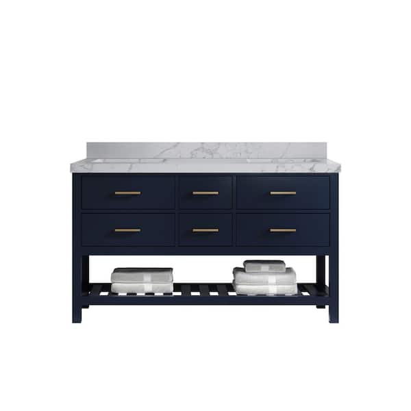 Willow Collections Parker 60 in. Double Sink Freestanding Navy Blue Bath Vanity with Venatino Quartz Top Unassembled