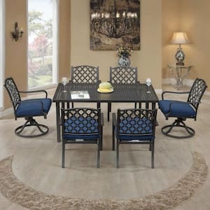 7-Piece Metal Outdoor Dining Set with 2-Swivel Chairs, 2-Dining Chairs and Rectangle Dining Table in Navy Blue Cushion