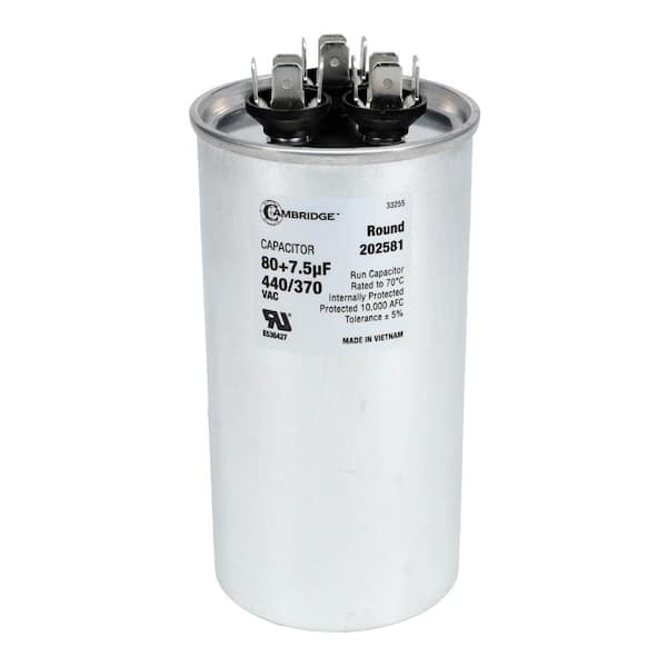 Cambridge 2.36 in. x 2.36 in. x 4.53 in. Aluminum 80 Plus 7.5 MFD, 440-Volt/370-Volt Dual Round Run Capacitor (1-Pack)