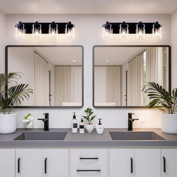 24.1 in. 4-Light Black Square Bathroom Vanity Light Fixtures Over Mirror with Rectangle Backplate, No Bulb