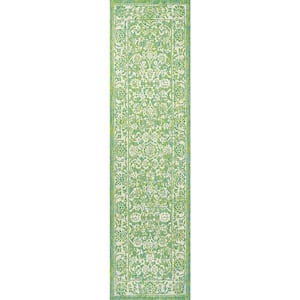 Tela Bohemian Textured Weave Floral Cream/Green 2 ft. x 10 ft. Indoor/Outdoor Runner Rug