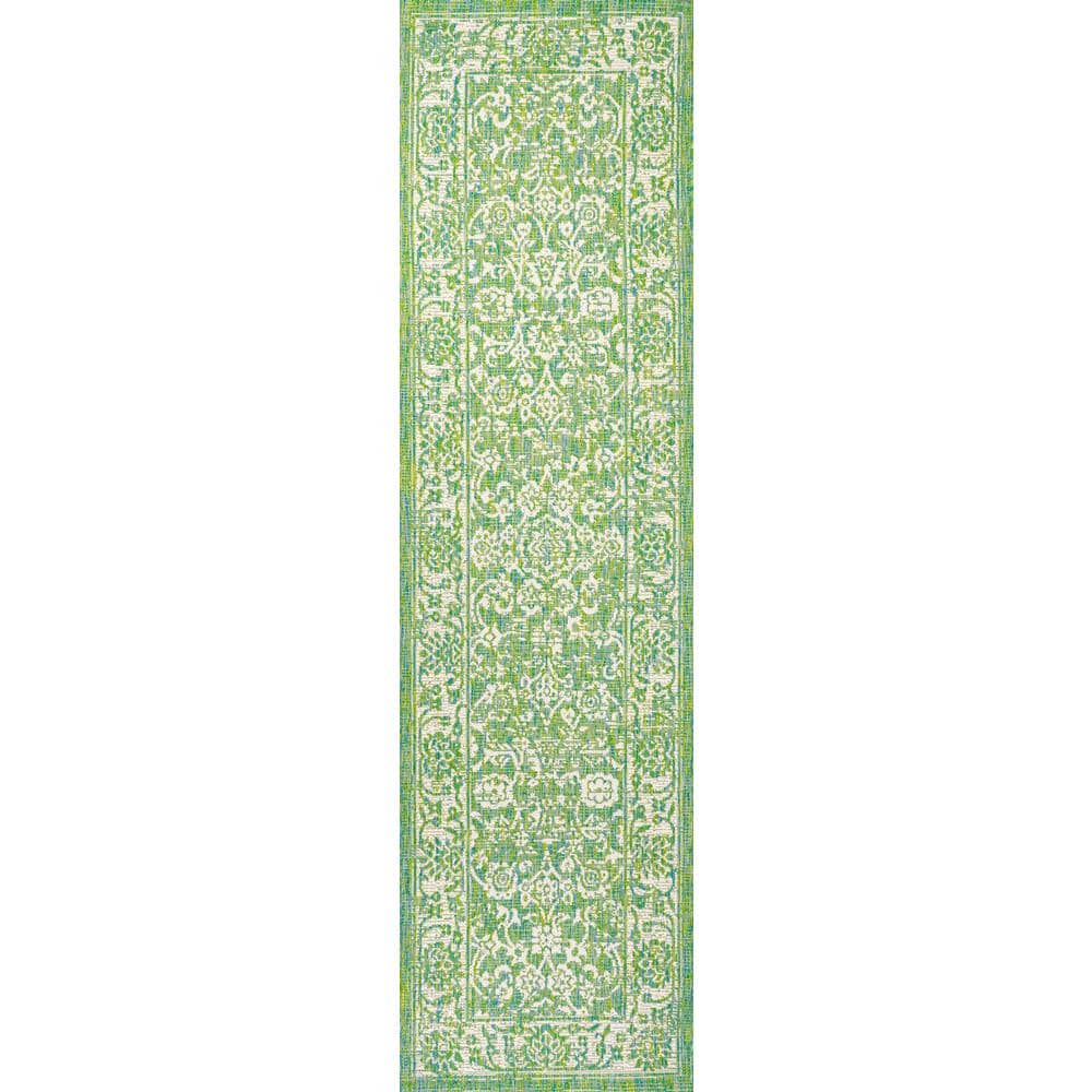 Tela Green and Cream Floral Flat Woven Runner Rug