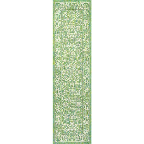 Cream/Green 2 ft. x 8 ft. Tela Bohemian Textured Weave Floral Indoor/Outdoor Runner Rug