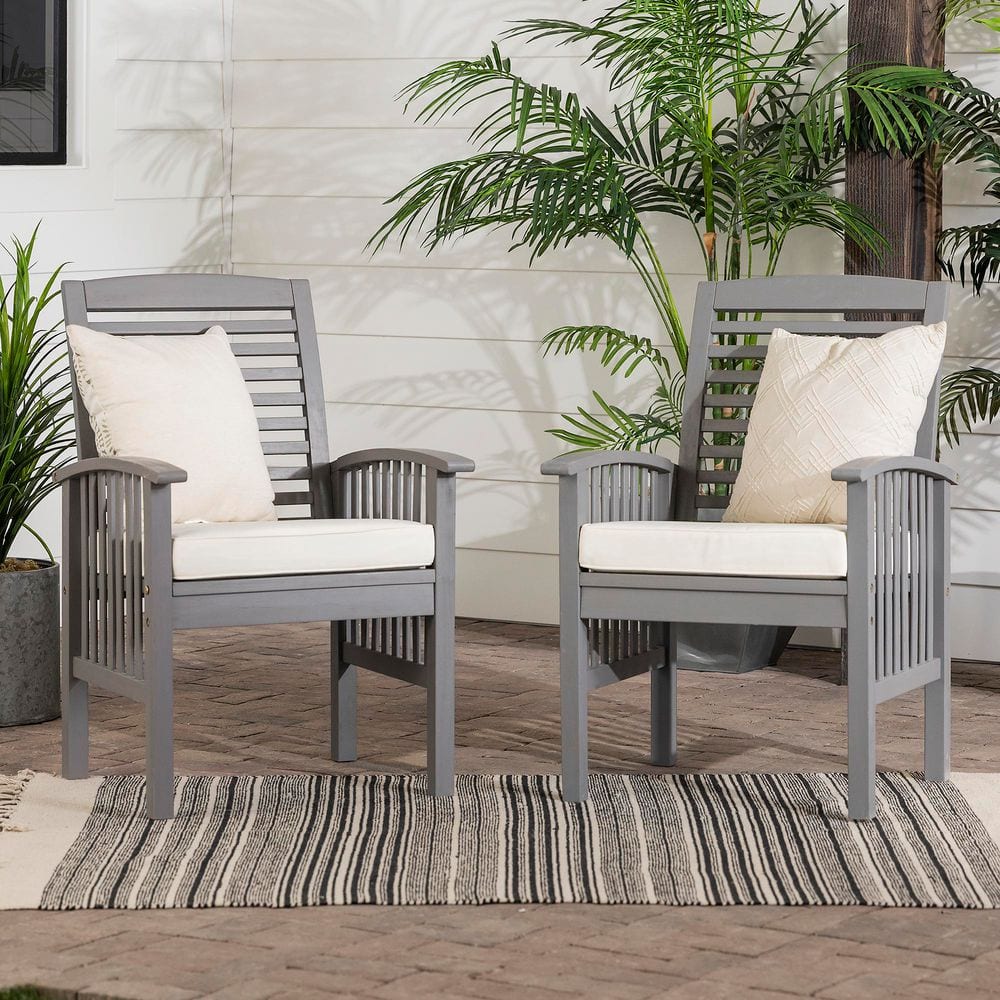 Grey Wash Acacia Wood Outdoor Patio Dining Chairs with Beige Cushion, Armch