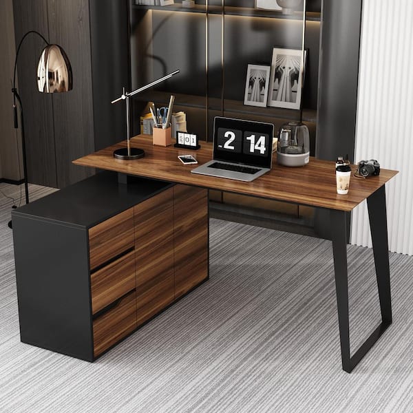 FUFU&GAGA 54.3 in. Reversible L-Shaped Brown Wood Writing Desk Office Workstation With Adjustable Shelves, Drawers, Doors Cabinet