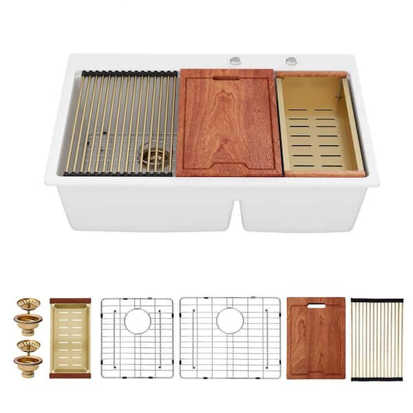 33 in. White Drop-in 60/40 Low Divide Double Bowl Quartz Composite Workstation Kitchen Sink with Accessories