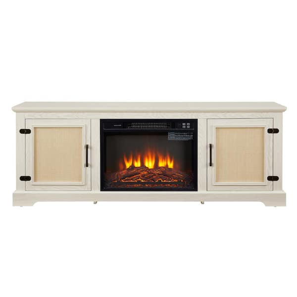 65 in. Freestanding TV Stand with 23 in. Fireplace Insert, Adjustable Shelf Wood, Natural Rattan Door Cabinet, White