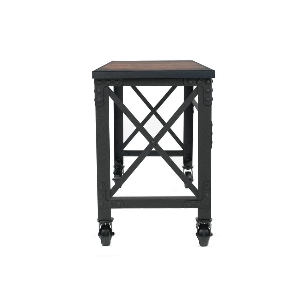 Dark Brown Wood and Metal Industrial Desk with Casters