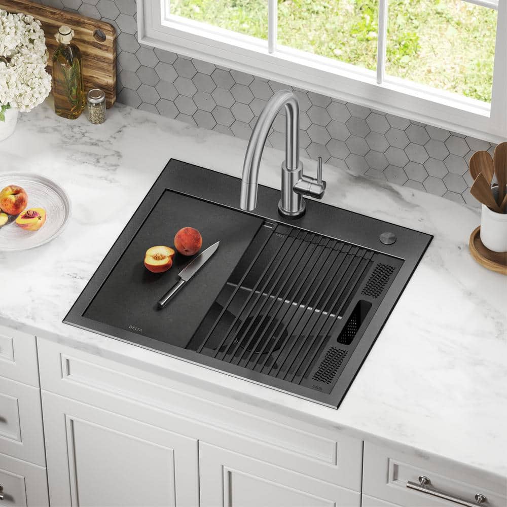 Delta Rivet 25" Black Stainless Steel Single Bowl Workstation Kitchen Sink