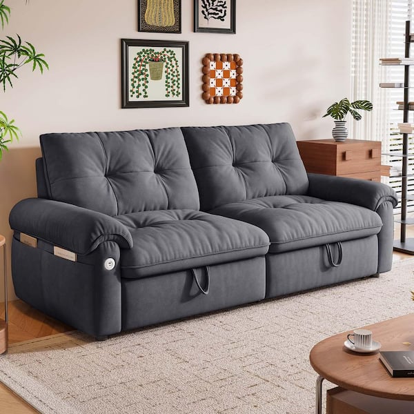 77 in. Dark Grey Velvet Queen 3 in 1 Sleeper Sofa Bed Pullout Loveseat Futon Couches with Side Pocket and Charging Ports