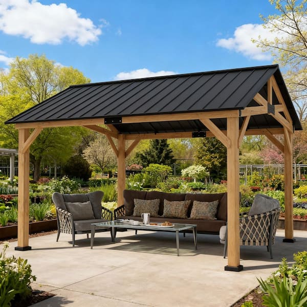 11 ft. x 13 ft. Wood Hardtop Outdoor Patio Gazebo with Galvanized Steel Roof and Ceiling Hook