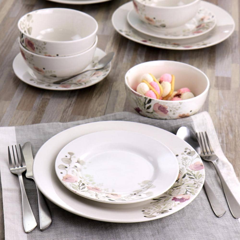 Lily Garden White and Pink Ceramic 12-Piece Floral Dinnerware Set