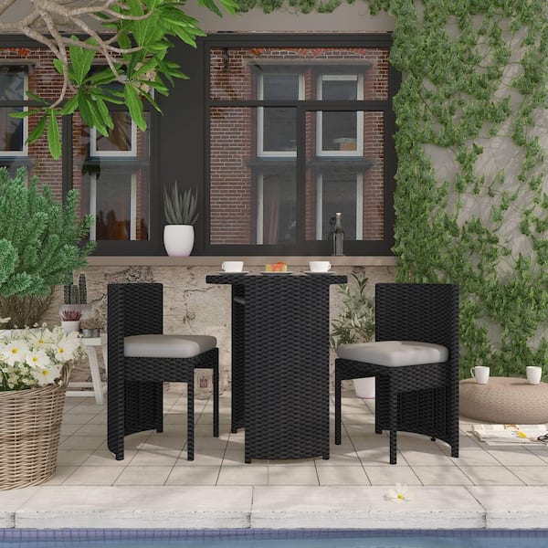 TWT Black 3-Piece Aluminum Round Outdoor Bistro Set with White Cushions