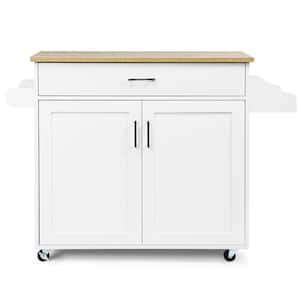 White Wood Top Small Rolling Kitchen Island Cart with Towel and Spice Rack, Kitchen Island on Wheels