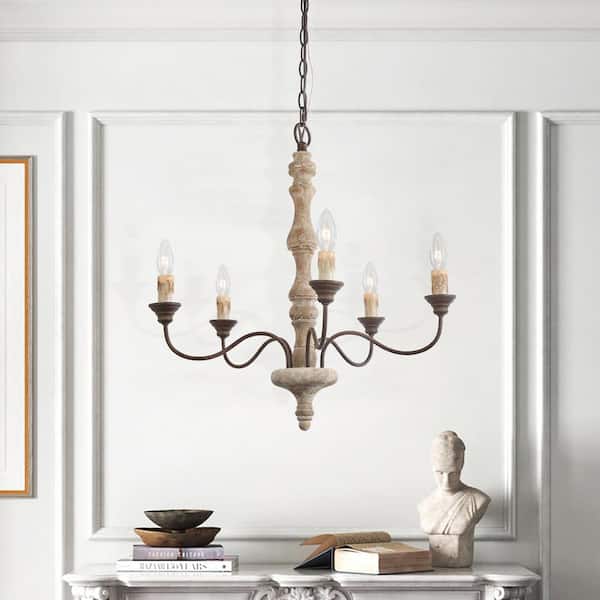 LNC 5-Light Farmhouse French Country Vintage White Wood Dining Candle-style Chandelier