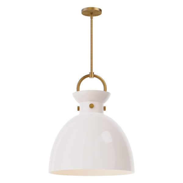 Waldo 18 in. 1 Light 60-Watt Aged Gold/Glossy Opal Glass Pendant Light