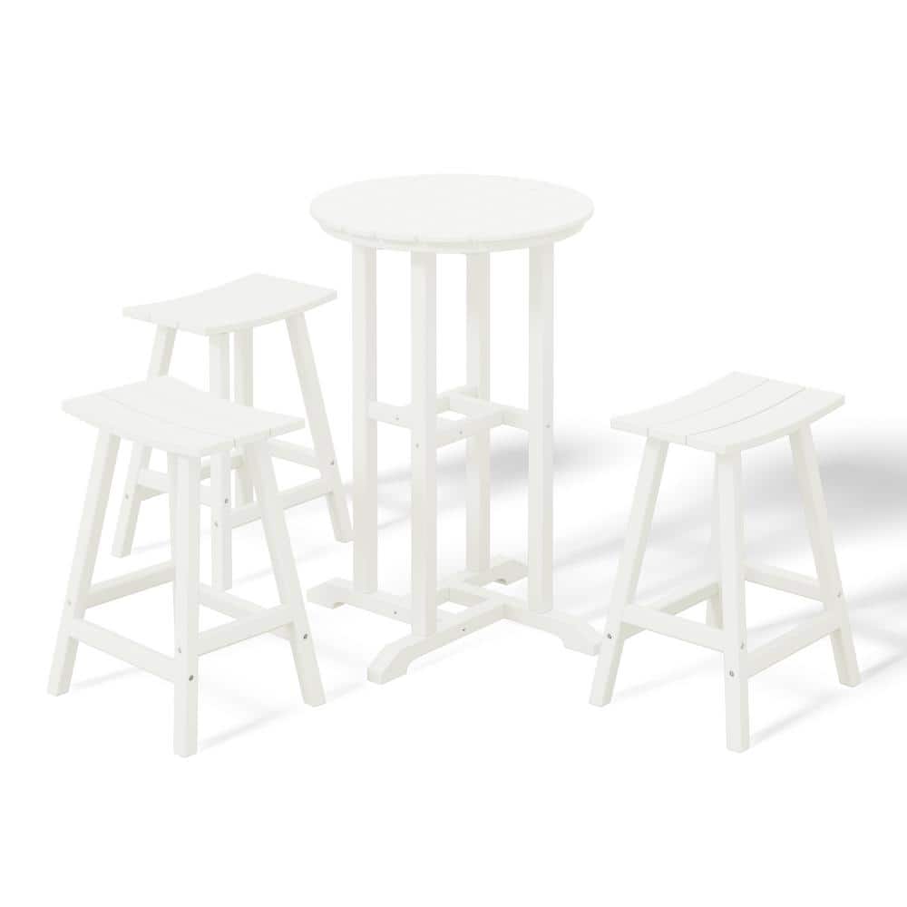 Laguna 4-Piece HDPE Weather Resistant Outdoor Patio Counter Height Bistro Set with Saddle Seat Barstools, White price history on PriceWatchPro