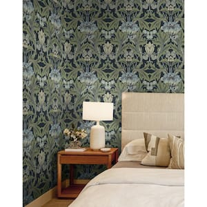 Midnight Blue and Sage Primrose Garden Floral Pre-Pasted Paper Wallpaper Roll (57.5 sq. ft.)