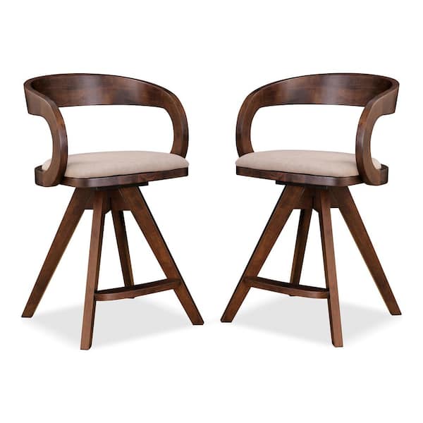 Shira Rich Walnut Wood Fabric Seat Barrel Robust Back Counter Height Stool (Set of 2)