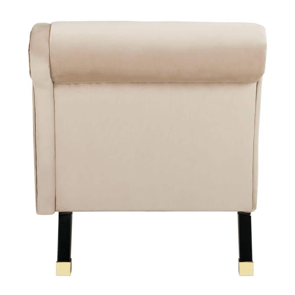Transitional Tan Velvet Chaise with Espresso Wood Legs and Pillow
