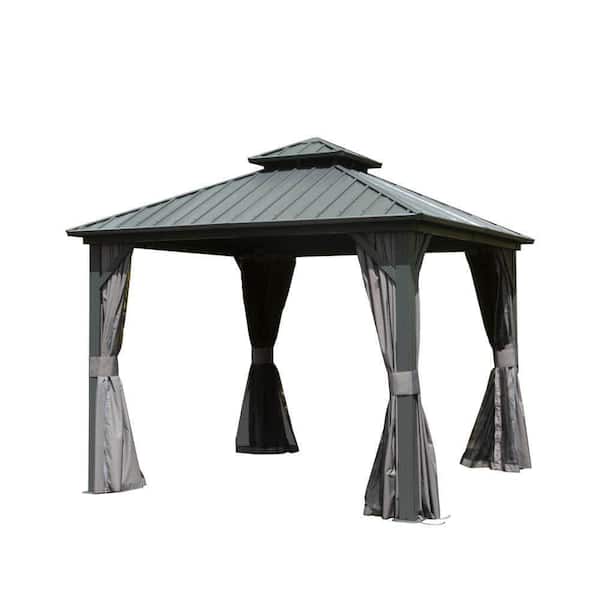 Zeus & Ruta 8 ft. x 8 ft. Gray Metal Hardtop Gazebo with Galvanized Steel Double Roof Canopy Curtain and Netting for Patio Deck