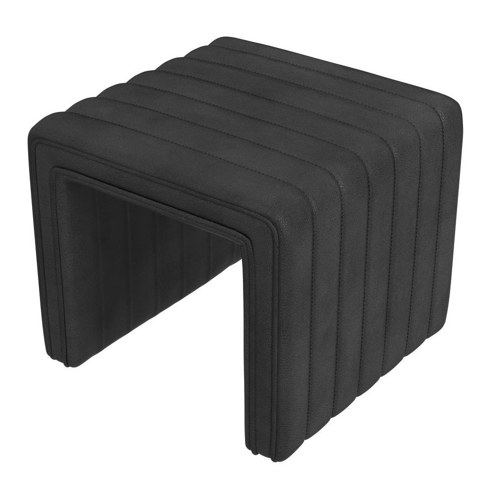 Black Faux Leather Channel Tufted Footstool Ottoman