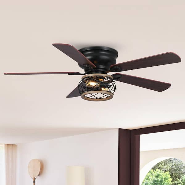 Parrot Uncle 48 in. Indoor Matte Black Reversible Blades Flush Mount Ceiling Fan with Light Kit and Remote