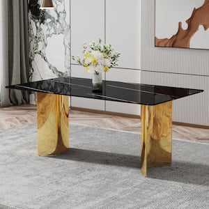Black/Gold Imitation Marble Glass Sticker Top 71 in. Double Pedestal Dining Table Seats for 6