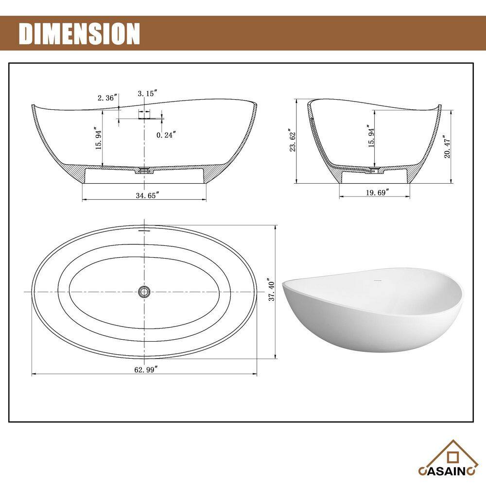 Matte White Solid Surface Freestanding Soaking Bathtub, 63-inch