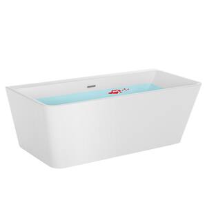 67 in. Acrylic Flatbottom Rectangular Back to Wall Alcove Soaking Bathtub in White with Polished Chrome Overflow