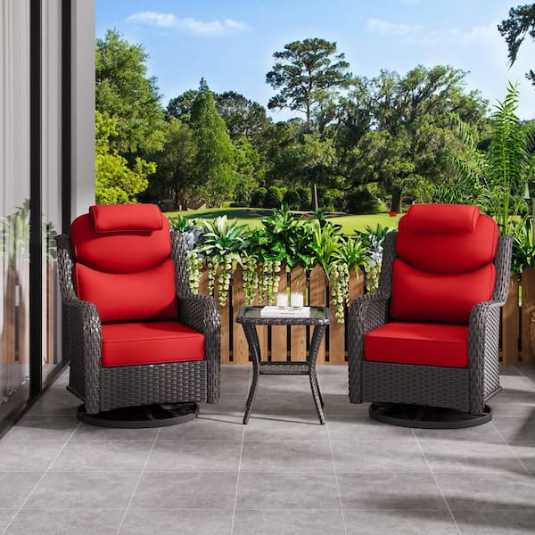 Smiley 3-Piece Brown Wicker Outdoor Rocking Chairs Patio Swivel Chairs with Headrest, Red Cushions and Side Table
