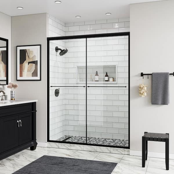 56 in. - 60 in. W x 76 in. H Double Sliding Semi-Frameless Shower Door in Matte Black with 5/16 in. (8 mm) Clear Glass