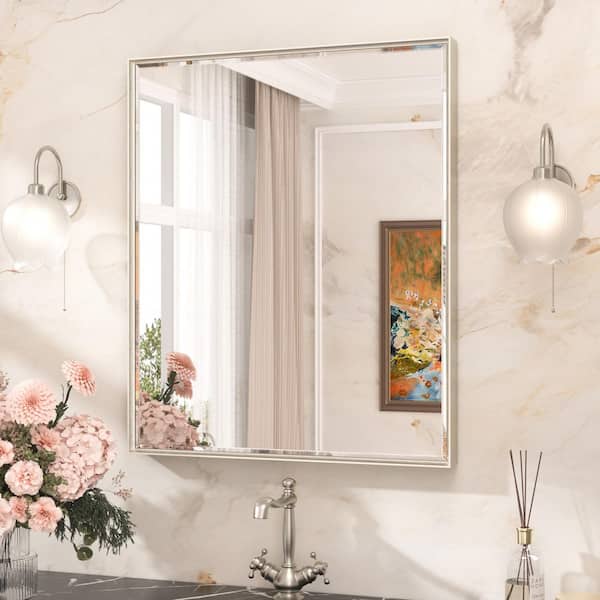 30 in. W x 36 in. H Rectangular Framed Beveled Edge Wall Bathroom Vanity Mirror in Brushed Nickel