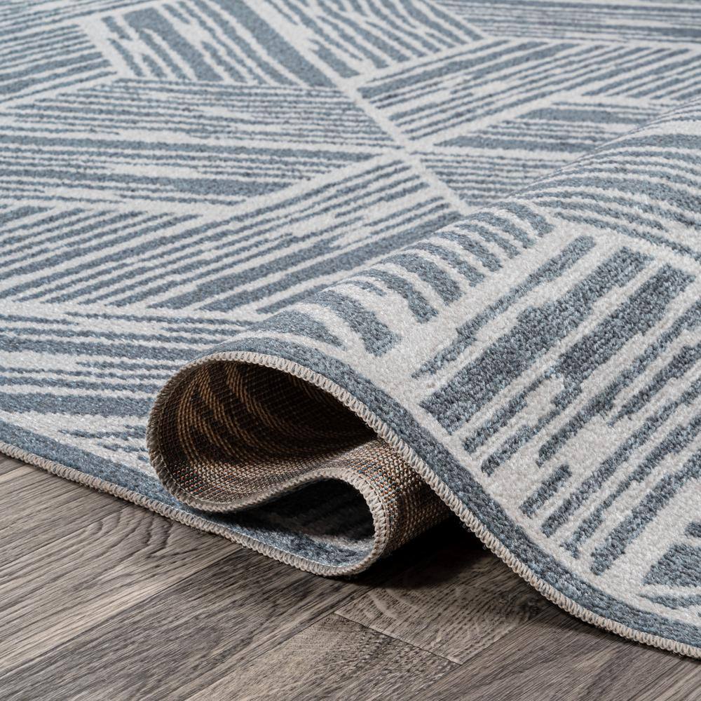 Blue and Cream Geometric Machine-Washable 4' x 6' Area Rug