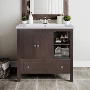 30 in. W x 18 in. D x 32 in. H Bath Vanity in Brown Ceramic Top with Sink and Storage Cabinet