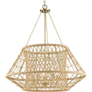 Laila Collection 30 in. 5-Light Vintage Brass Chandelier with Woven Jute Accents