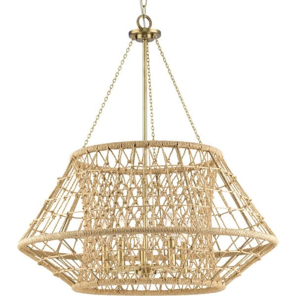 Progress Lighting Laila Collection 30 in. 5-Light Vintage Brass Chandelier with Woven Jute Accents