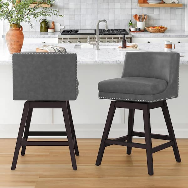 cozyman Zorro 27 in.Dark Gray Faux Leather Upholstered Swivel Counter Stool Wood Frame Double Cushion Swivel Bar Stool Set of 2