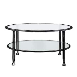 Galena 36 in. Black/Silver Medium Round Glass Coffee Table with Shelf