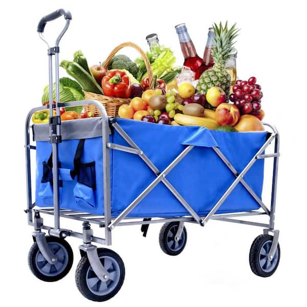 Unbranded Blue Outdoor Multipurpose Collapsible Serving Cart, Camping Folding Wagon for Beach, Patio, Garden