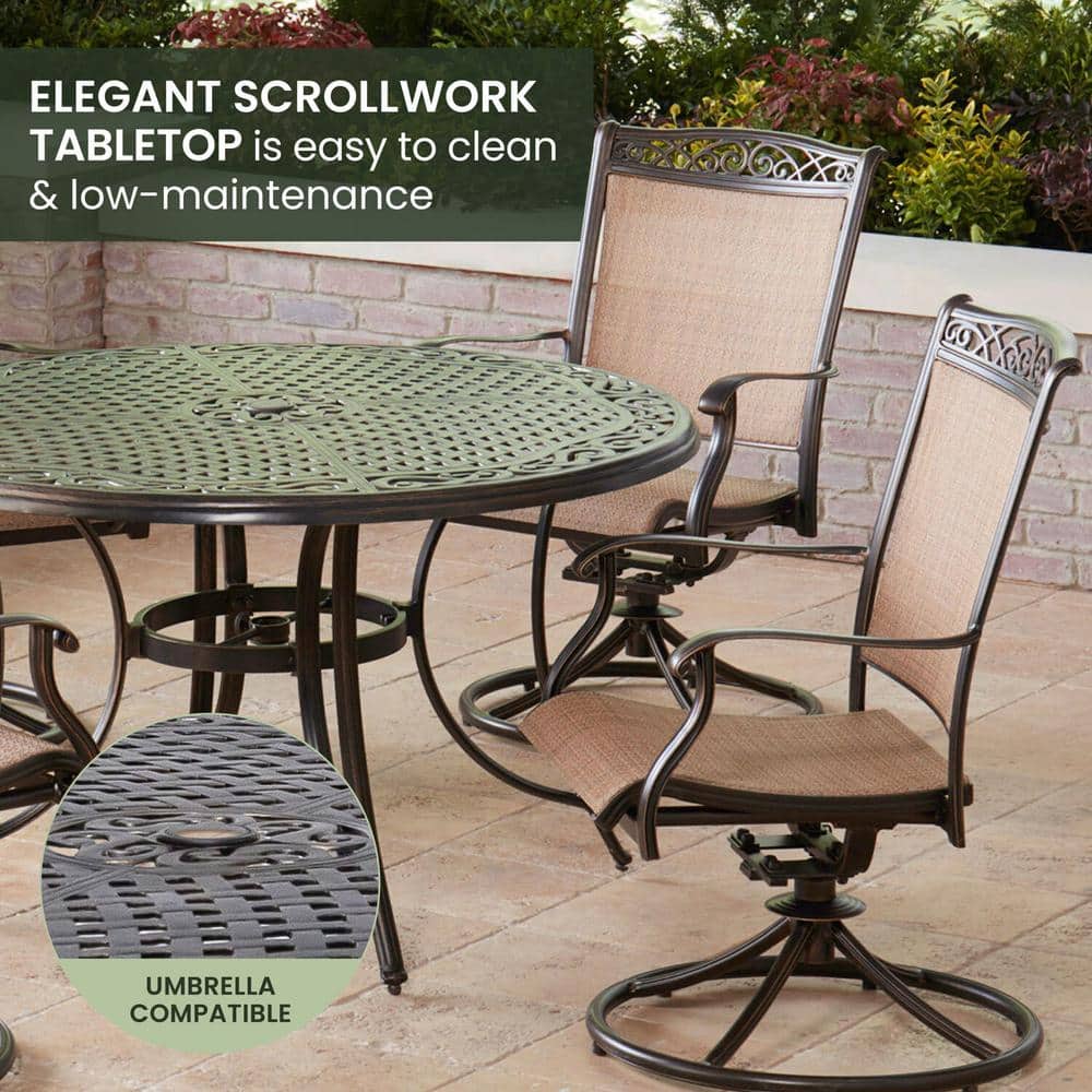 Fontana Bronze 48" Round Cast-Top Table with Tan Sling Swivel Chairs
