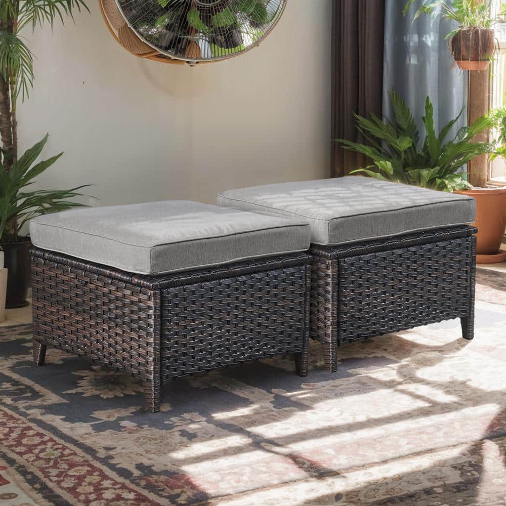 Carolina Brown Wicker Outdoor Ottoman with Gray Cushions 2-Pack