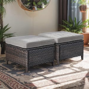 Carolina Brown Wicker Outdoor Ottoman with Gray Cushions 2-Pack