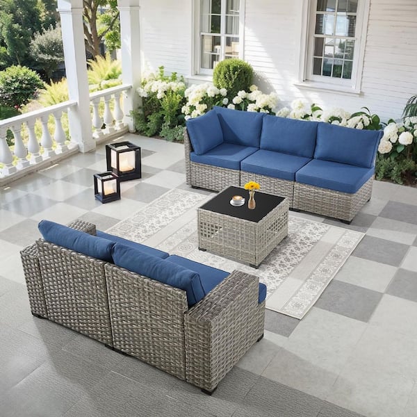 ModuVine Taupe 6-Piece Wicker Outdoor Sectional Set Patio Coversation Sofa with Blue Cushions and Coffee Table