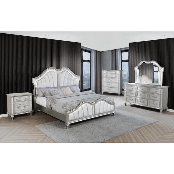 Nila 5-Piece Silver Color Wood Frame Queen Panel Bedroom Set with Chest