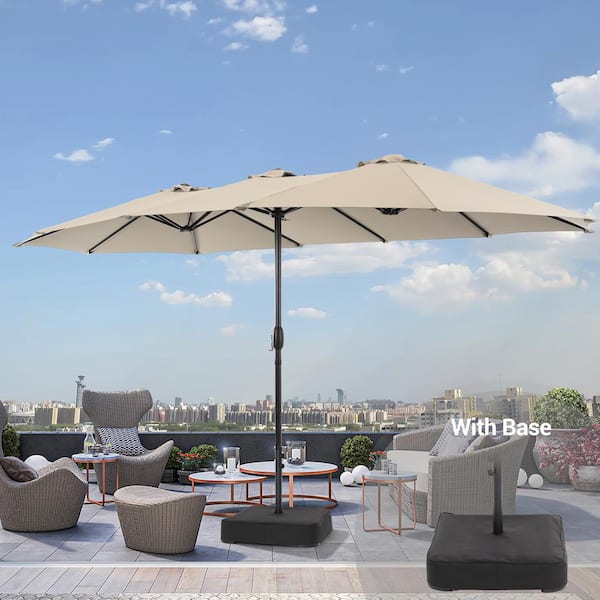 JOYESERY 15 ft. x 9 ft. Steel Frame Outdoor Double-Sided Patio Market Umbrella with Crank and Base in Sand