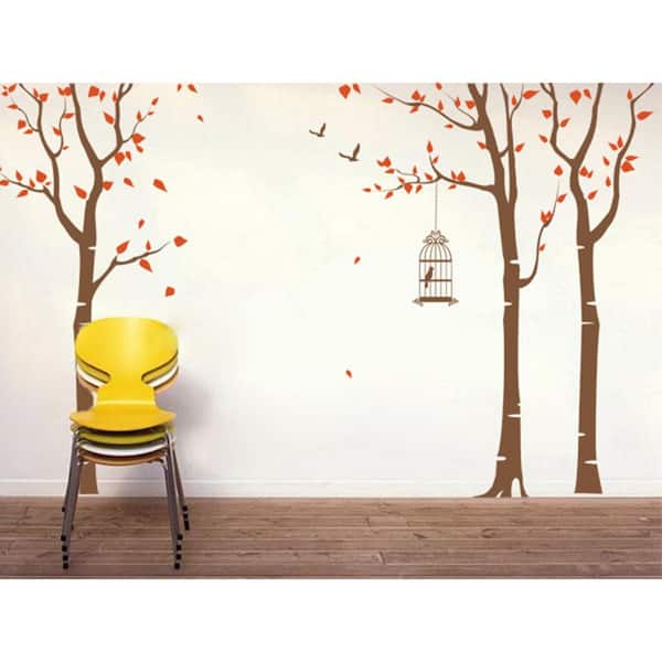 Pop Decors 143 in. x 102 in. 3-Birch Trees and Birdcage Removable Wall Decal