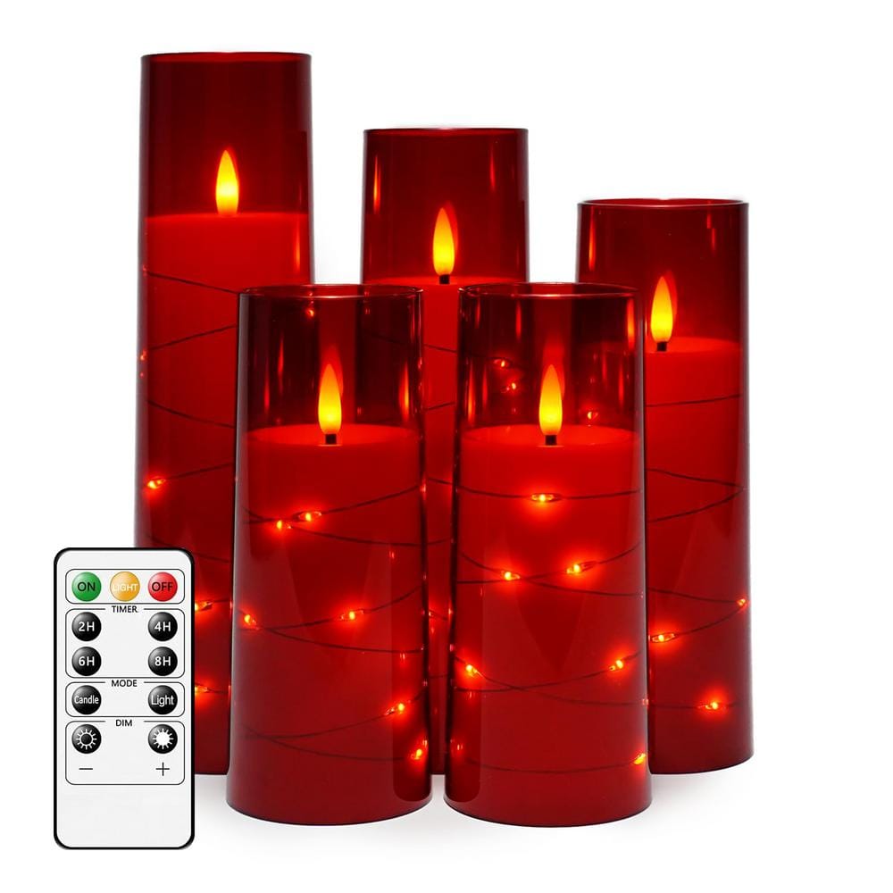 Red Flameless LED Candles with Timer Set of 5