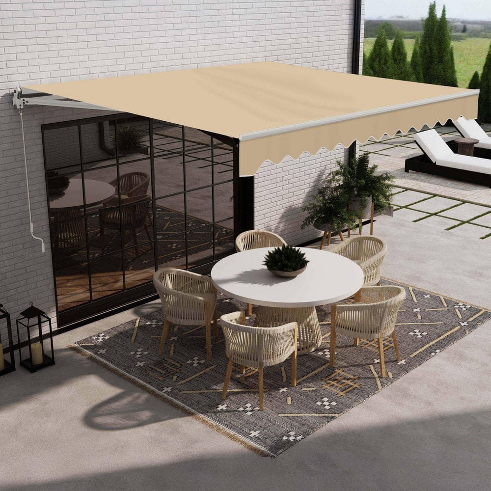 Sand Motorized Retractable Patio Awning with White Frame